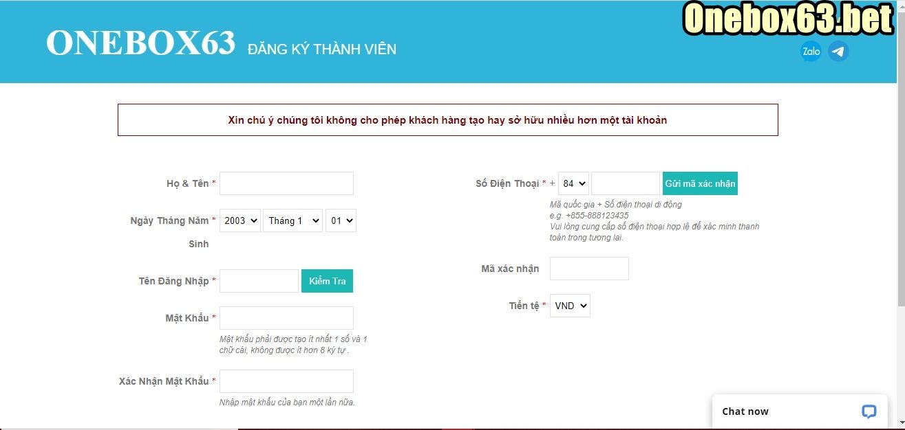 Đăng ký ngay tài khoản tại nhà cái Onebox63